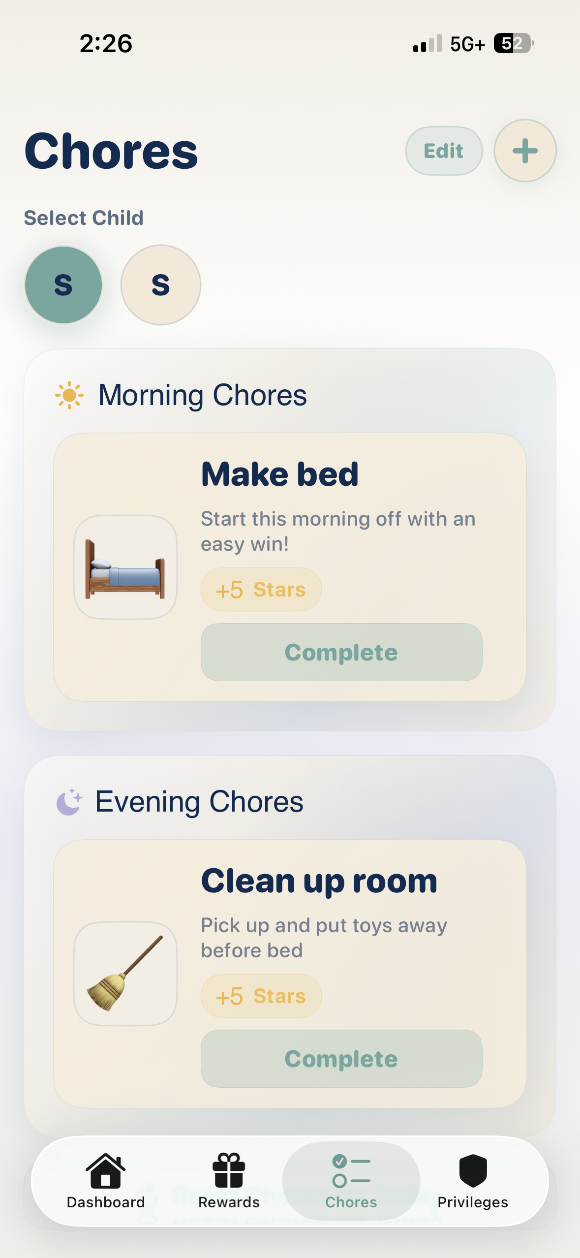 Daywell screenshot showing chores and routines